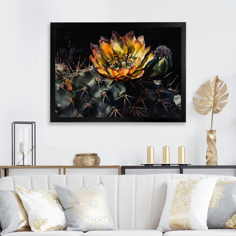 «Keyonia Yellow Green Cactus Flower I», reproduction sur toile, H 12 po x l 20 po x P 1 po, Cadre photo noir