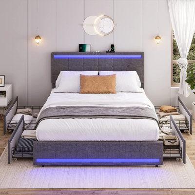 Bed Frame With Drawers, Led Bed Frame With Charging Station, Pu Leather Platform Bed Frame With Storage & Led Lights Headboard Footboard