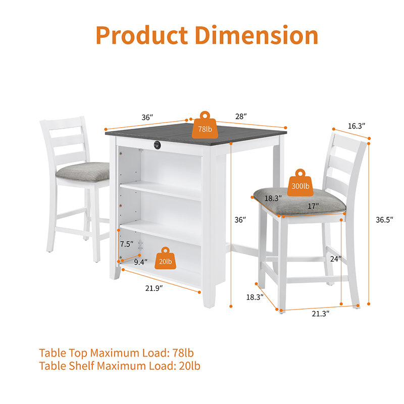 Ensemble de table de salle à manger 36 "pour 2 avec station de charge, Gris