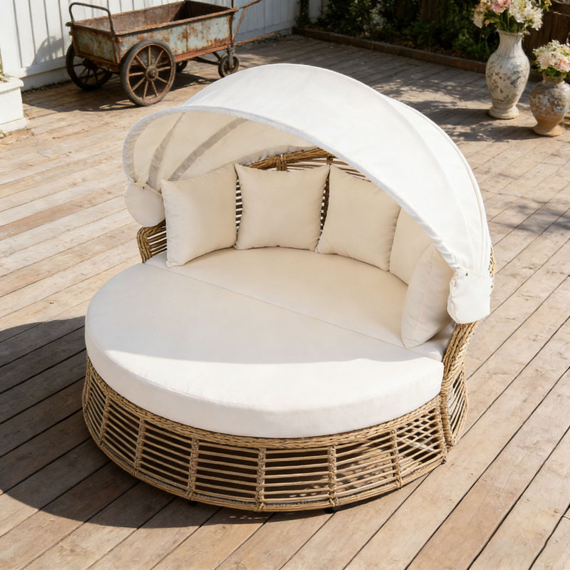 Outdoor Patio Rattan Round Daybed with Retractable Canopy