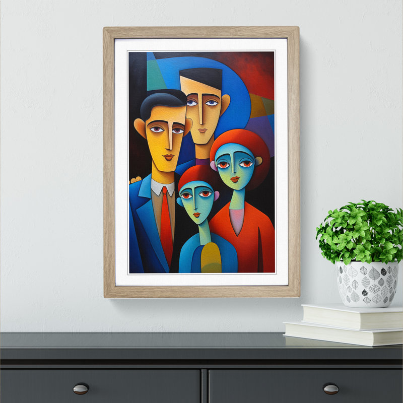 Loving Family Hard Edge Painting - Single Picture Frame Print on Wood, Oak Framed, 34cm H x 25cm W x 2cm D