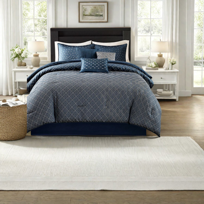 Ensemble de literie luxueux en jacquard bleu marine, matériau en polyester, confort moderne