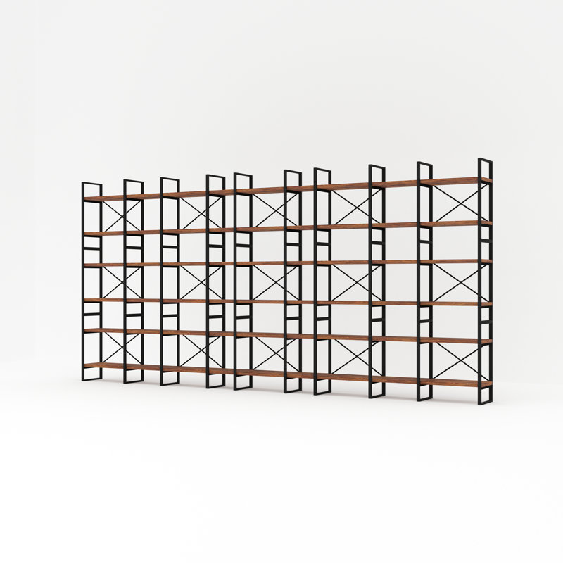 Bibliothèque murale industrielle très large avec 5 tablettes en bois, (6 Shelves) 85" H x 177" W x 12.6" D/Oak