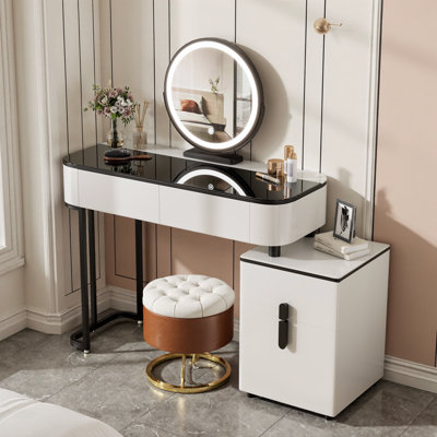 39.4" Modern Vanity Table with Tempered Glass Top – Adjustable Height, Multi-Functional Storage Cabinet & Round Mirror – White & Black Dressing Table with 3-Color Adjustable Lighting – Perfect for Small Spaces, Bedroom, Dorm, Apartment