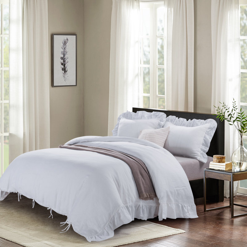 Ensemble de housse de couette réversible en lin , Housse de couette très grand + 2 taies décoratives, Blanc