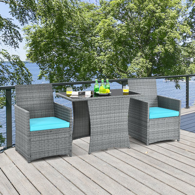 Almera 3pcs Patio Rattan Furniture Set Cushioned Sofa Armrest Garden Gray