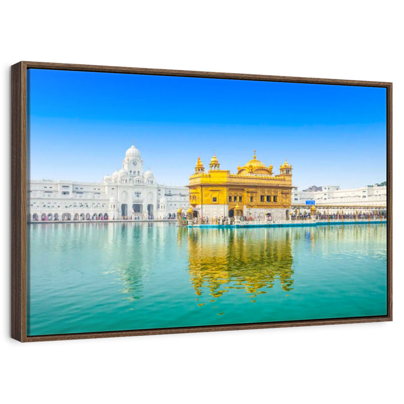 Temple de sri Harmandir, 37 po x 25 po, Cadre flottant noyer