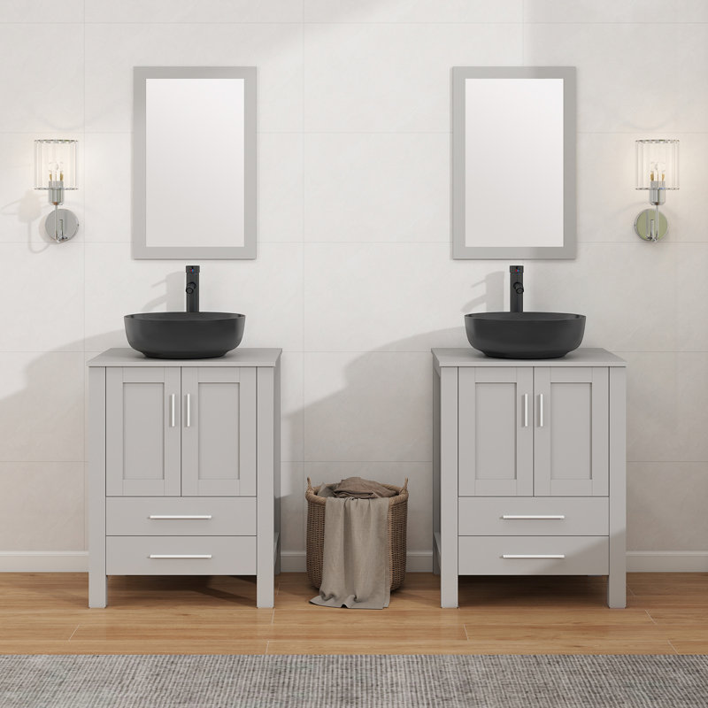 24 In. W X 19 In. D X 32 In. H Bath Vanity In Blue With Solid Surface Top In Blue, Black, Gray