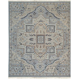 Blue Hand-Knotted Wool Framed Medallion Geometric Modern Contemporary Carpet Rug