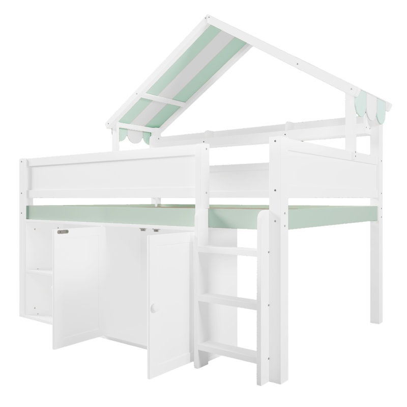 Full Size Loft Bed with Canopy Roof and Storage Cabinet, White and Green, White/Green