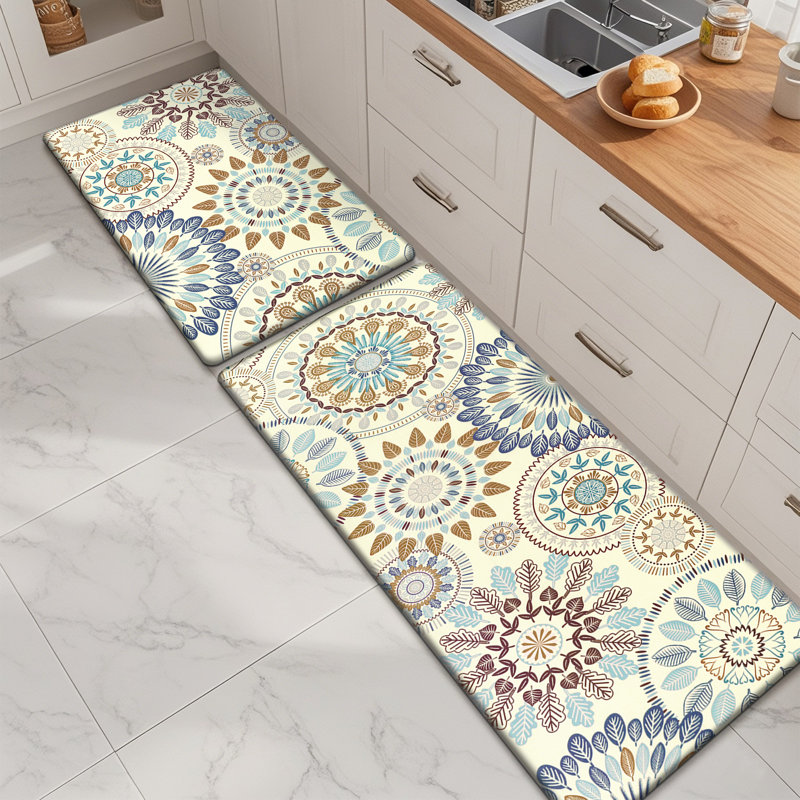 Jalissia Anti-Fatigue Non-Skid Kitchen Mat, Runner 18" x 30" + 18" x 48", White/Beige/Yellow/Gray