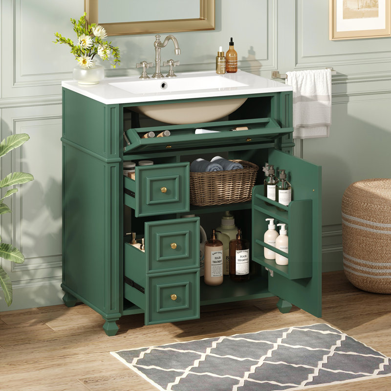 Meuble-lavabo de salle de bain avec lavabo en céramique, Vert