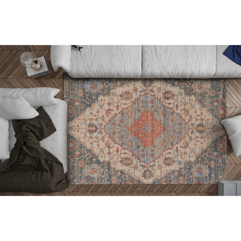 Mckenley Blue and Beige Medallion Hand Woven Area Rug, Rectangle 8' x 10'