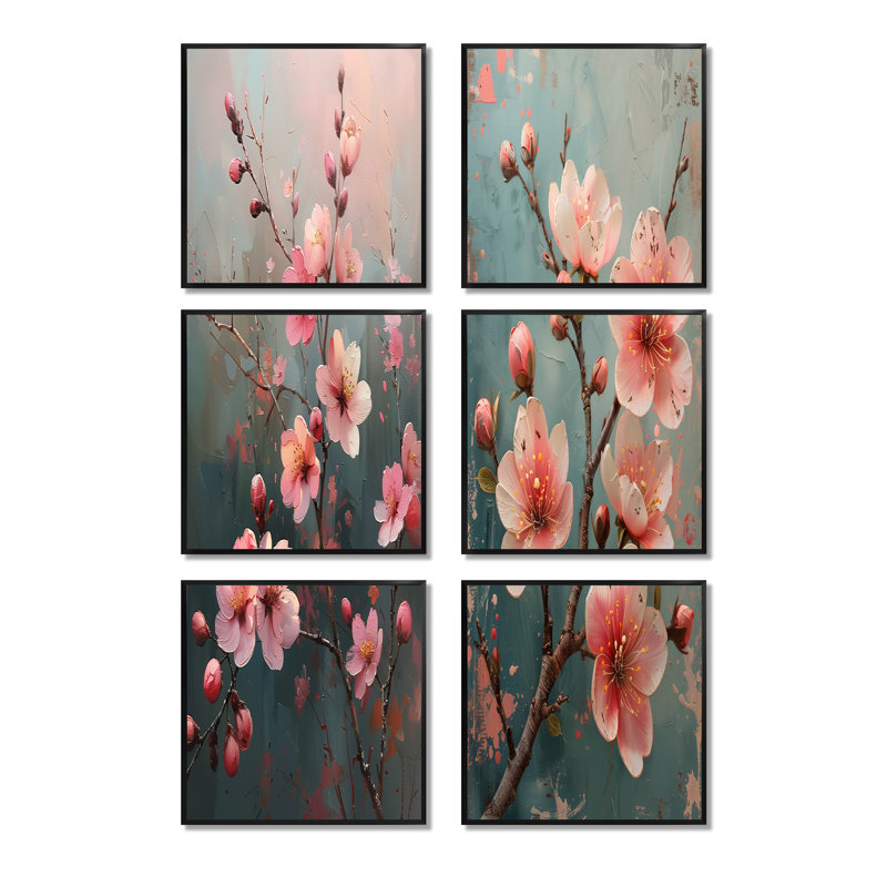 Rose, gris, cerisier, fleur, charme féminin - Ensemble de 6 impressions sur toile de fleurs de cerisier, Noir