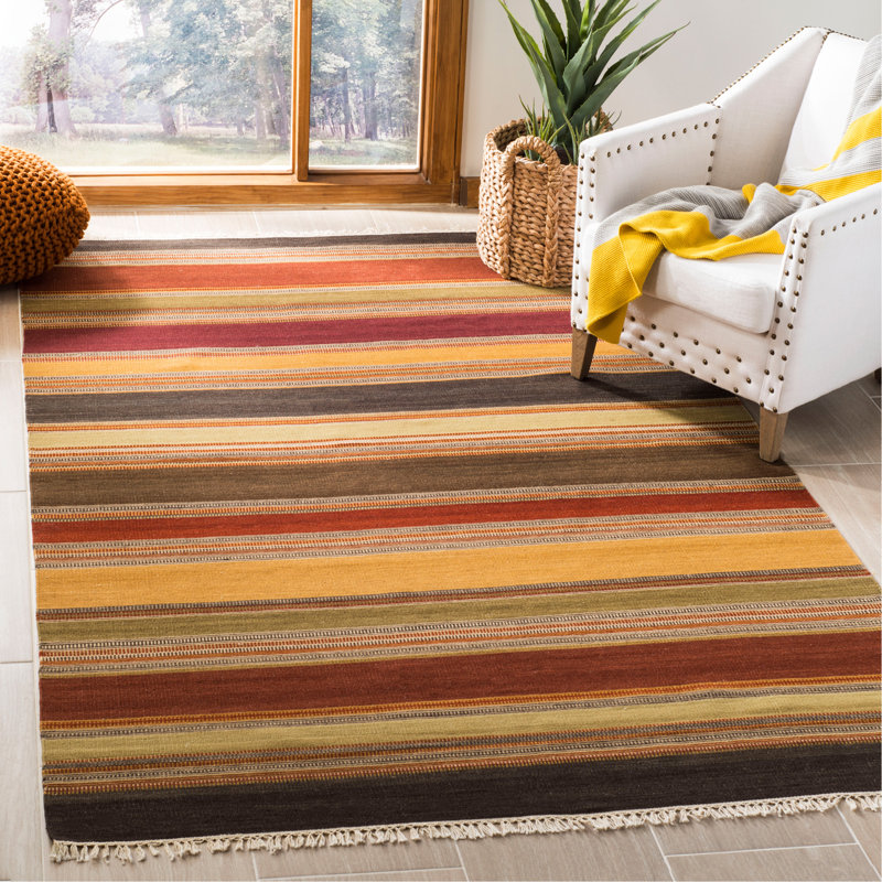 Striped Wool Hand Woven Area Rug, Rectangle 122 x 183cm