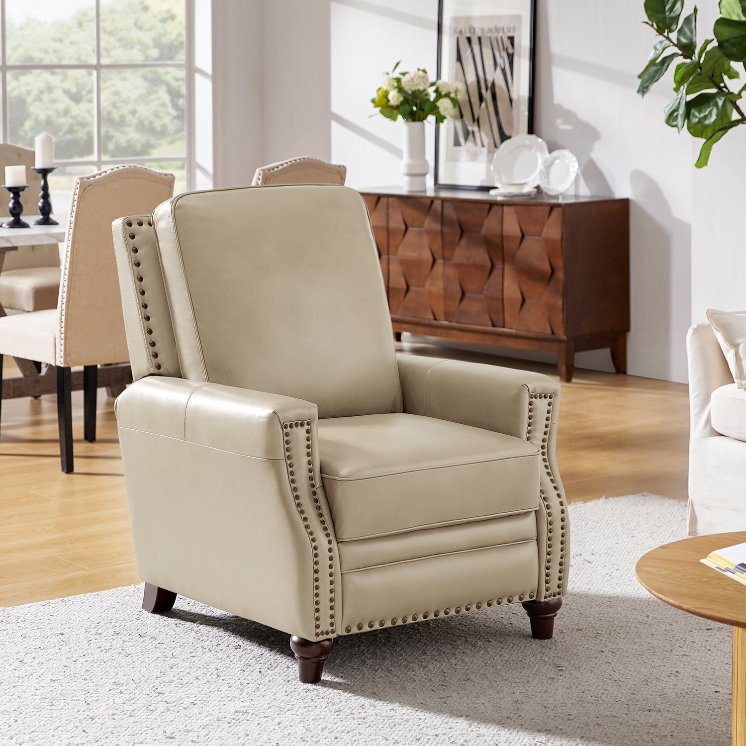 Andrena 33" Genuine Leather Manual Recliner, Beige Genuine Leather
