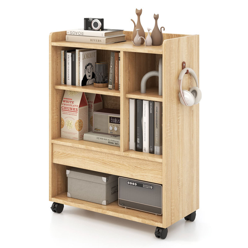 Mobile Cabinet Side Table with Storage, Natural Wood