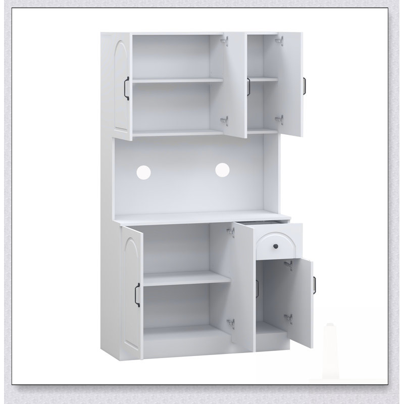 Armoire de cuisine autoportante avec tablettes réglables, comptoir de four à micro-ondes et grand espace de rangement, Blanc