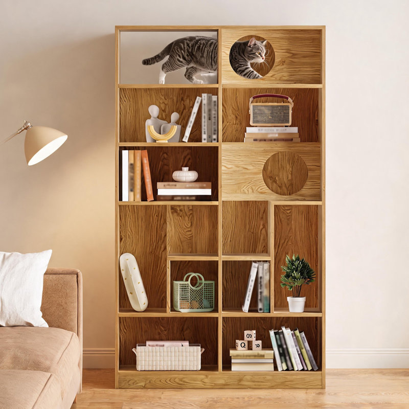 Bibliothèque pour arbre à chat 2-en-1, support de rangement pour chat en bois multi-niveaux avec bac à litière, finition naturelle
