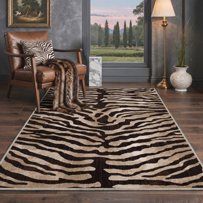 Tapis de salon/chambre à coucher à motif zèbre, lavable à la machine, noir et brun, antidérapant, idéal pour le salon ou la chambre.