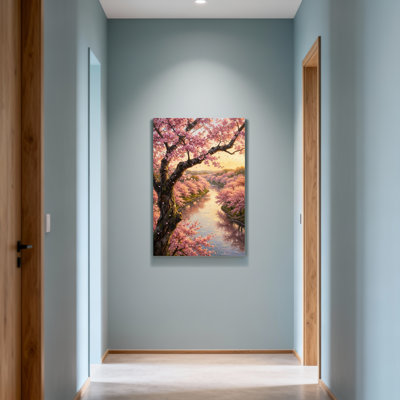 Plants &Flowers Cherry Blossom River Scene Painting