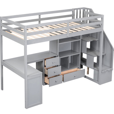 Twin Loft Bed With L-Shaped Desk & Drawers, Cabinet, And Staircase Storage - Gray Desk, Worthy
