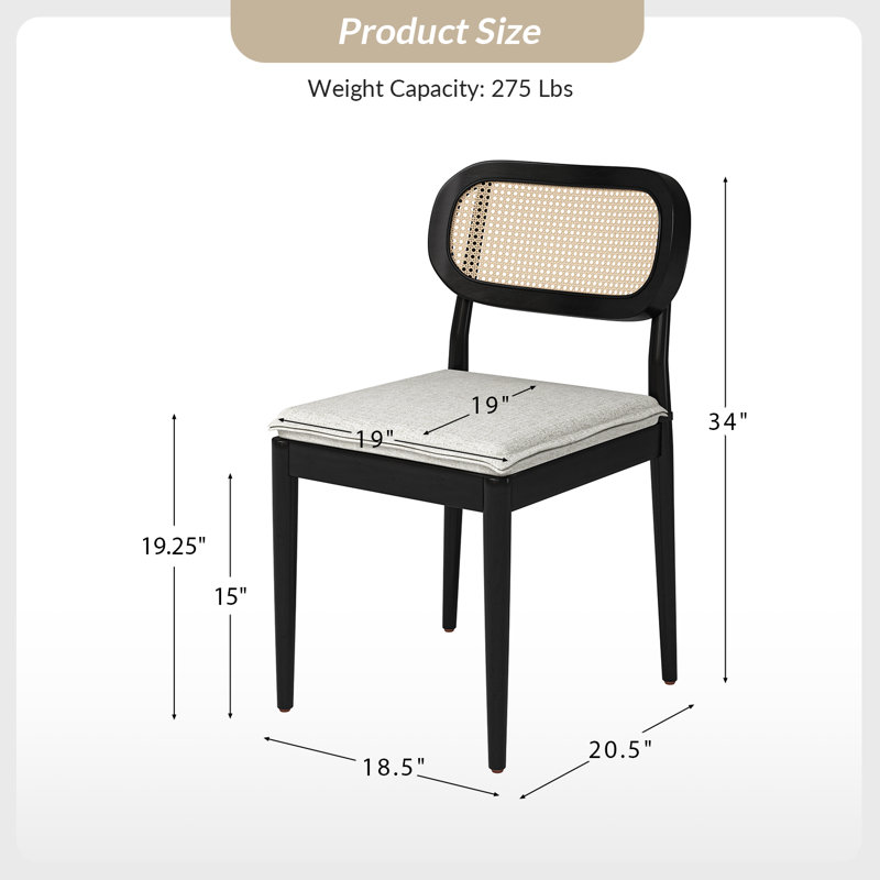  Chaise d'appoint rembourrée en lin avec dossier en rotin H 19,25 po Amadou, Noir
