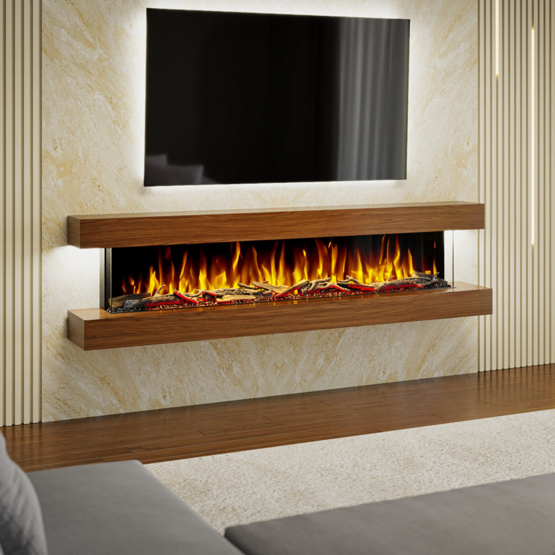 Studio 7 | Oak or Walnut | 84-inch Wall Mounted Electric Fireplace | Fully Assembled | 3-sided Panoramic Flame | Remote Control | Led Side Lights