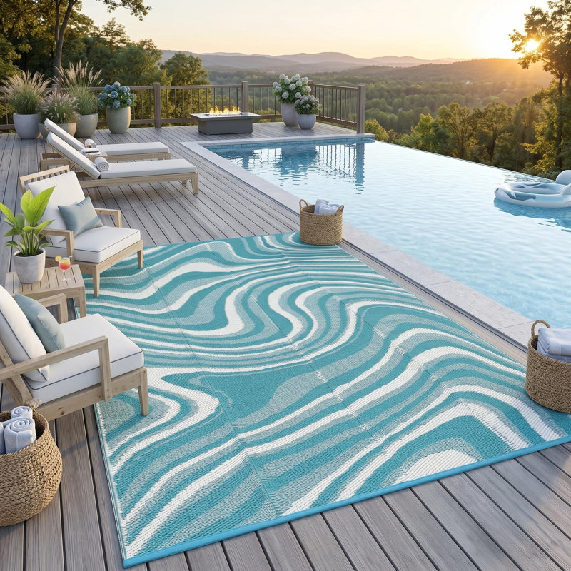 Tapis d'extérieur moderne en plastique pour pique-nique sur le balcon de la cour arrière, Teal, Runner 9' x 18'