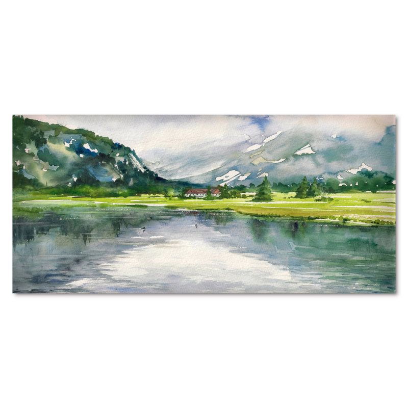 Paysage, art mural sur toile, rivière d'été, reproduction d'art - Paysage d'été avec rivière, H 28 po x l 60 po, Toile tendue
