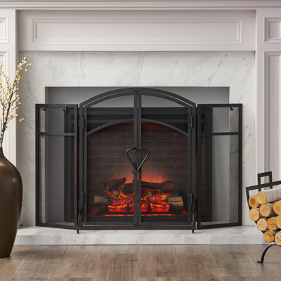  Pare-étincelles arqué avec portes doubles, panneaux pliants et ensemble d'outils 4 pièces pour la protection contre les étincelles et le décor élégant du foyer, noir