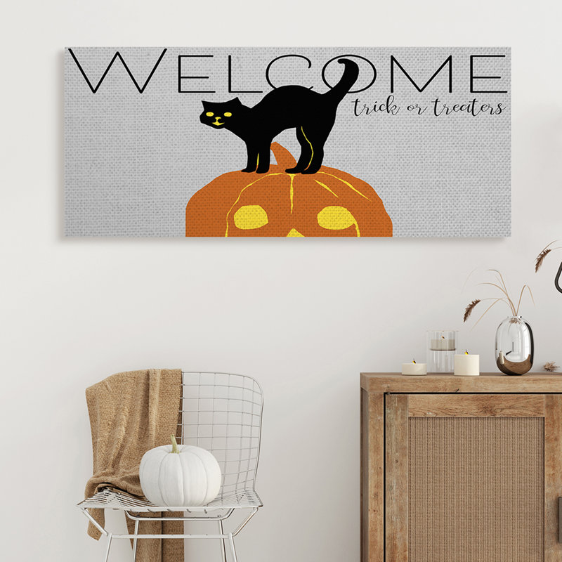 Citrouille d'Halloween chat de bienvenue, Toile tendue, H 17 po x l 40 po x P 1,5 po