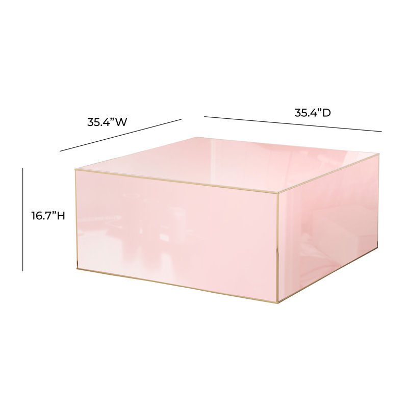 Pink Glass and Wood Square Coffee Table with Gold Borders