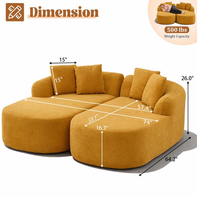 Méridienne double rembourrée 2 pièces, canapé-lit à combinaison libre Bonless, aucun assemblage requis, Jaune