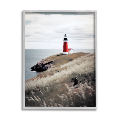 Bb-433 - Paysage de phare rouge encadré, impression sur bois