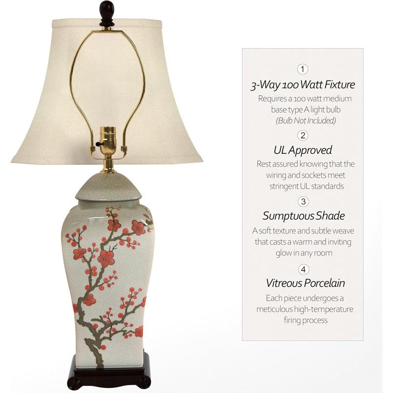 Hand-Painted Cherry Blossom Porcelain Table Lamp With Square Bell Shade And UL-Approved Wiring