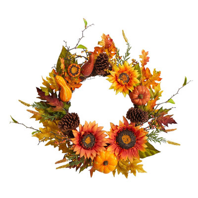 Fall Sunflower Pumpkin Pinecone and Berries Wreath