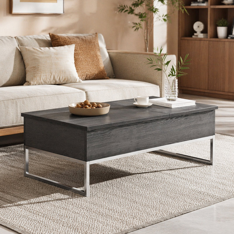 Table basse avec plateau relevable en chêne gris et chrome, 26.5" H x 47.5" W x 24.5" D, Oak / Oak+Silver, Does Not Apply