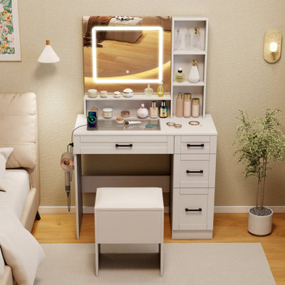35.5" Makeup Table Set Vanity Desk with Mirror and Lights 2 Open Shelves Glass Top
