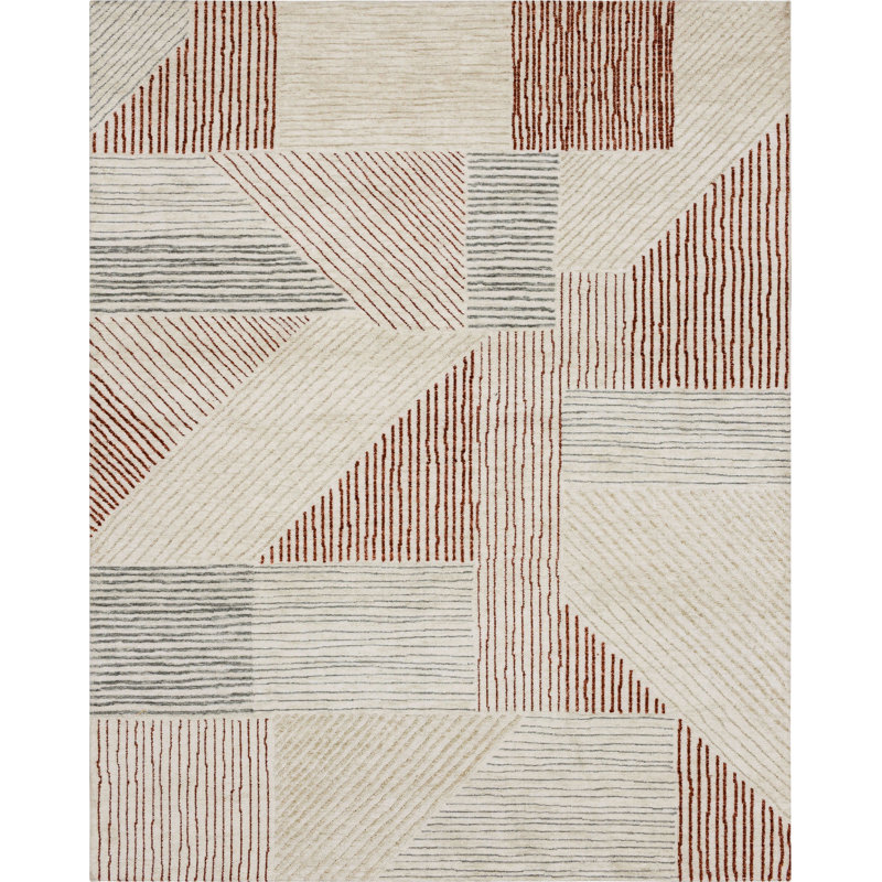 Red and Beige Geometric Synthetic Rectangular Area Rug