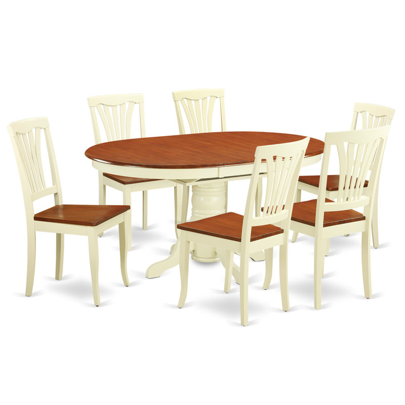 7 Piece Dining Room Furniture Set Consist of an Oval Kitchen Table with Butterfly Leaf and 6 Dining Chairs, Buttermilk & Cherry