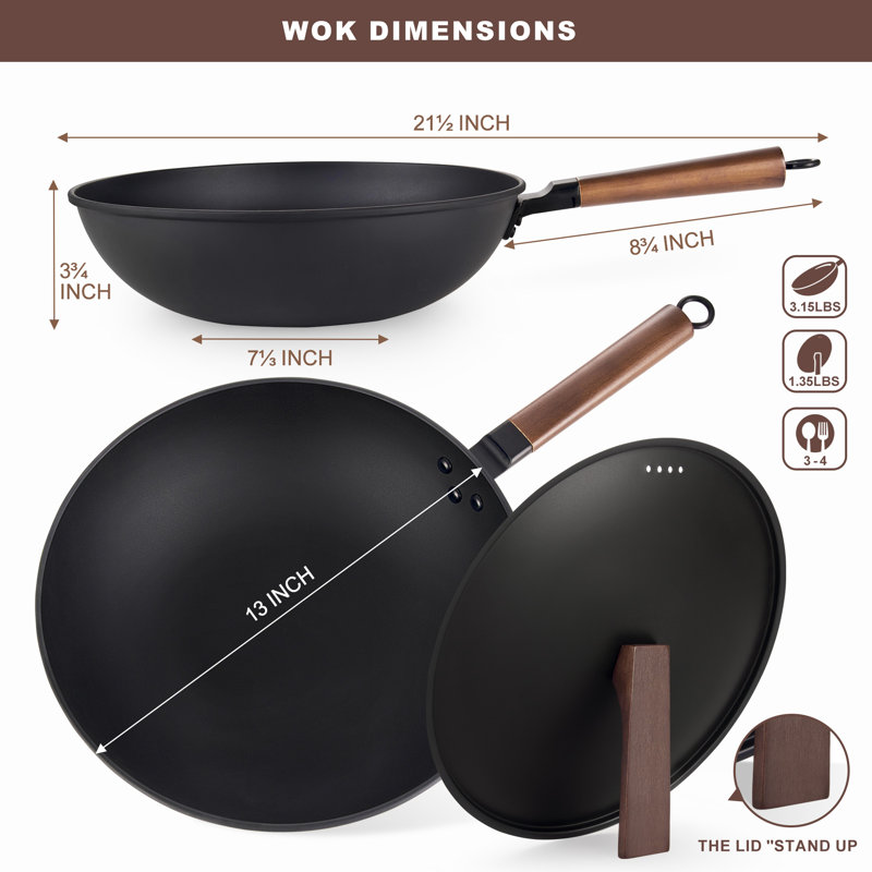 AOSION 13'' Black Carbon Steel Wok Set with Wooden Handle