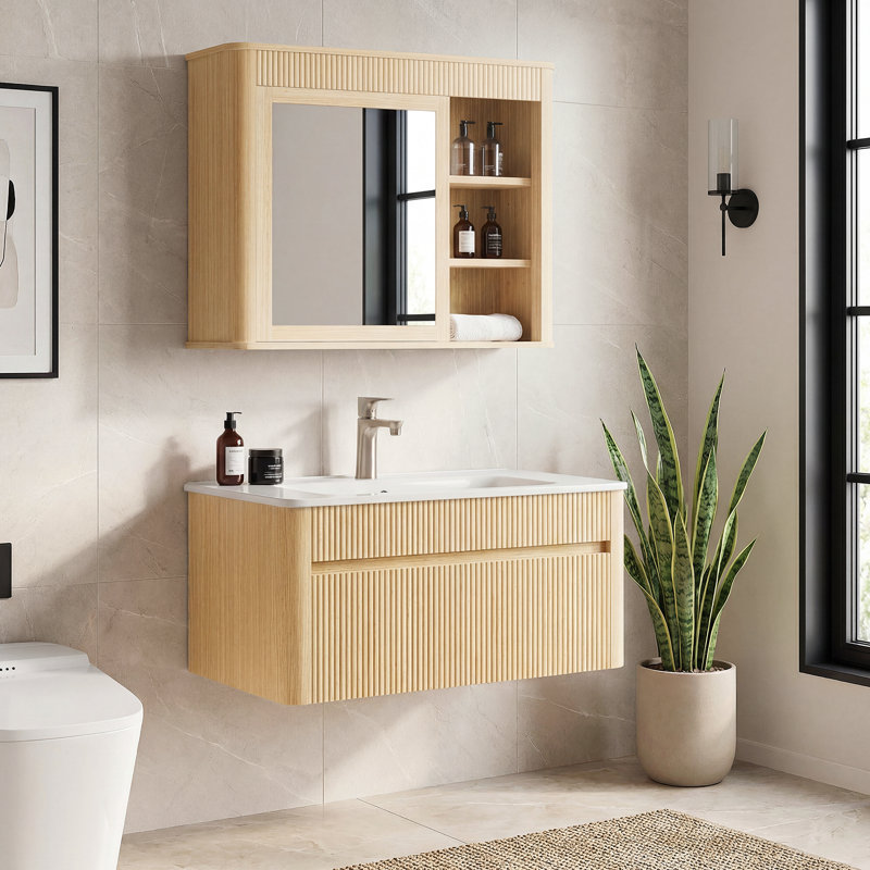 Ensemble de meuble-lavabo mural simple 30 po avec armoire à pharmacie et tiroirs de rangement à fermeture en douceur Fredson, chêne naturel, facile à assembler