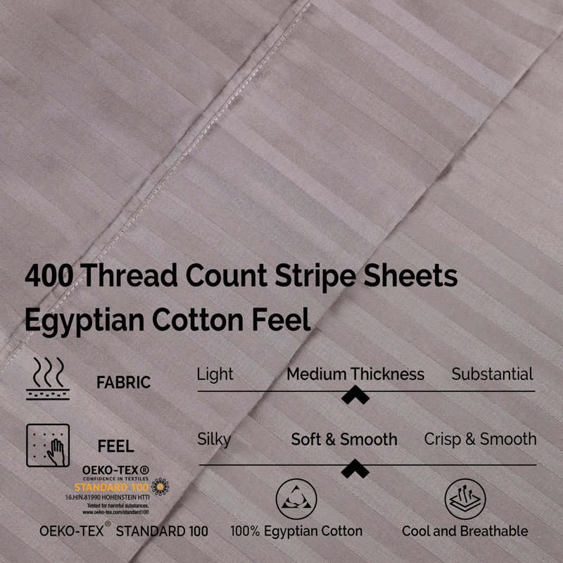 Twin XL Gray Egyptian Cotton Deep Pocket Stripe Sheet Set