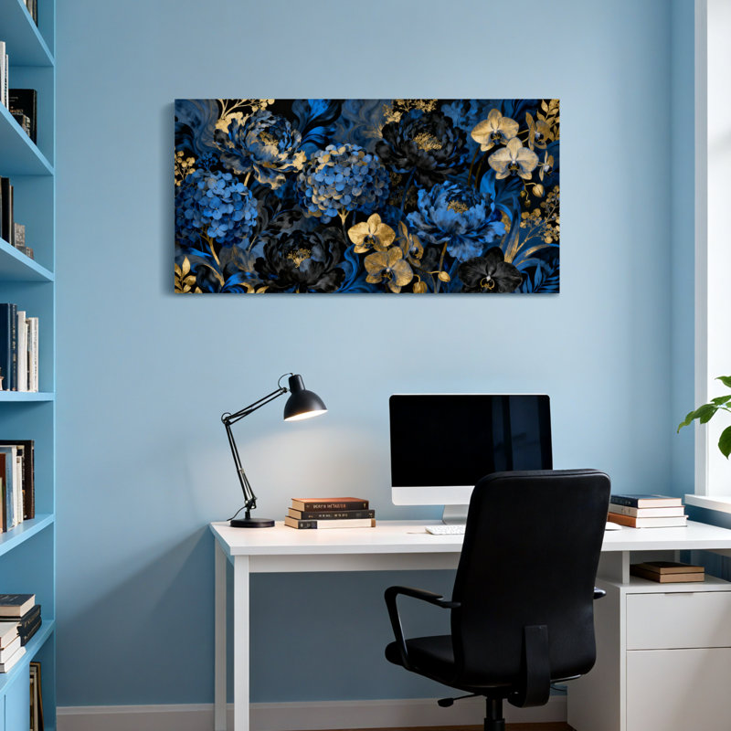 Plantes et fleurs, impression florale à motif floral bleu doré, H 28 po x l 58 po