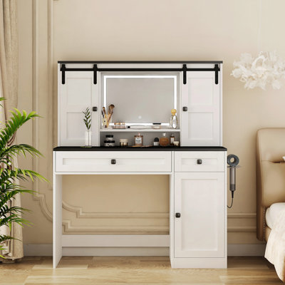 Coiffeuse Farmhouse avec miroir lumineux et rangement