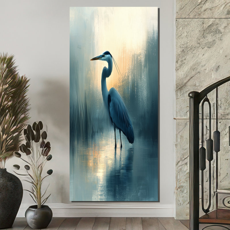 Auron, minimalisme, héron à la ferme, lac I - héron, art mural, H 60 po x l 28 po, Toile tendue, Ne s’applique pas