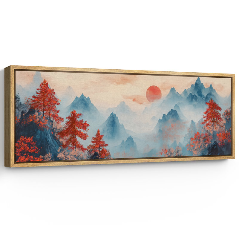 «Vibrant Red Sun Mountains», art mural de style chinois, impression numérique sur toile giclée sur toile, H 20 po x l 60 po