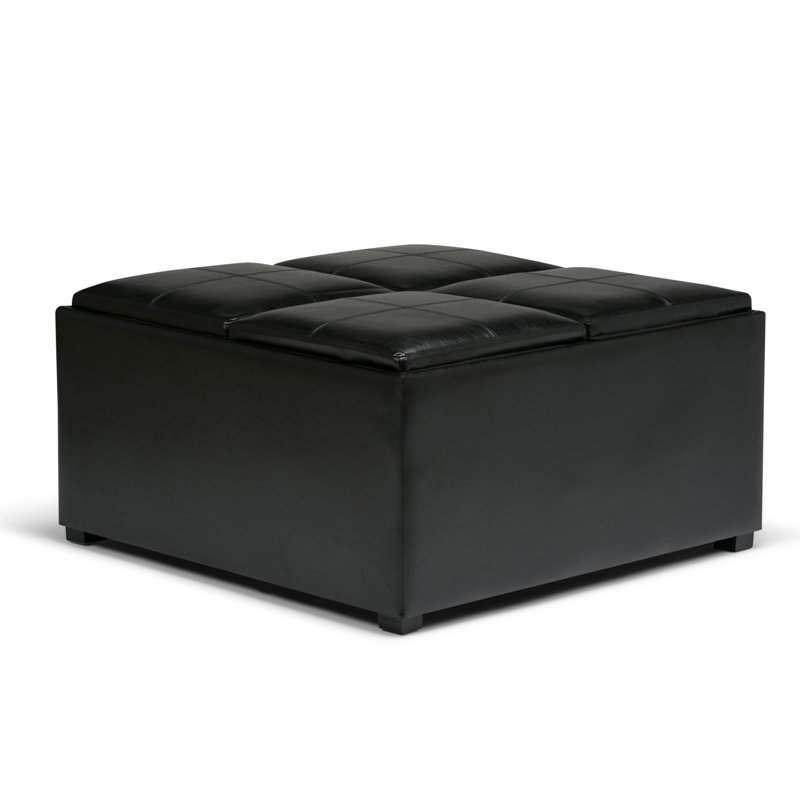 Avalon 35"W Upholstered Vegan Leather Modern Square Coffee Table Storage Ottoman with 4 Flip-Over Trays, Black