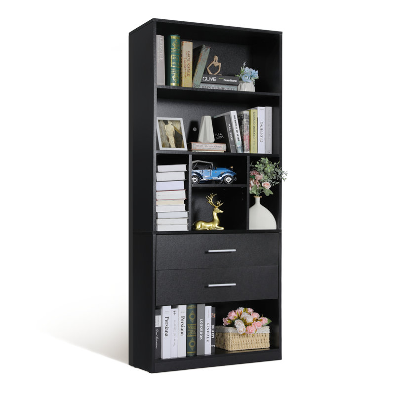 Giesa 71"H Modern Bookcases Storage Bookshelf with 2 Drawers & 7 Open Shelves, Black